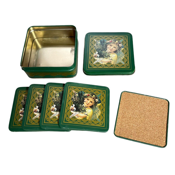 Vintage 1986 Enesco Christmas Greetings Angel Tin Box Cork Backed Coasters set - Picture 2 of 8